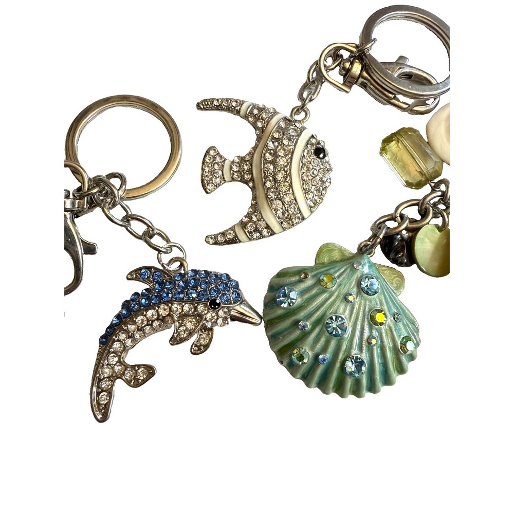 SPARKLES! Vintage Lot 3 Crystal Keychain Bag Charm Dolphin Fish Sea Shell Ocean